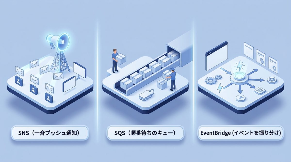 アプリ統合の3サービスの違い：SNSは一斉プッシュ通知、SQSは順番待ちのキュー、EventBridgeはイベントをルールで振り分けることを示す図
