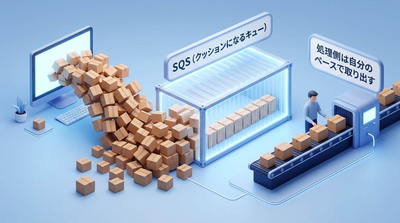 SQSのキューがクッションになり、送信側の急な負荷を受け止めて処理側が順番に取り出すことで、システムを疎結合にする様子を示す図
