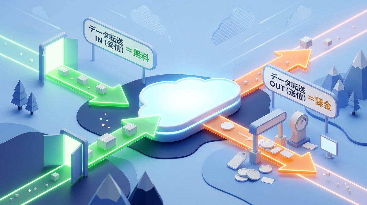 AWSクラウドに入るデータ転送INは無料、インターネットへ出るデータ転送OUTは料金がかかることを示す図
