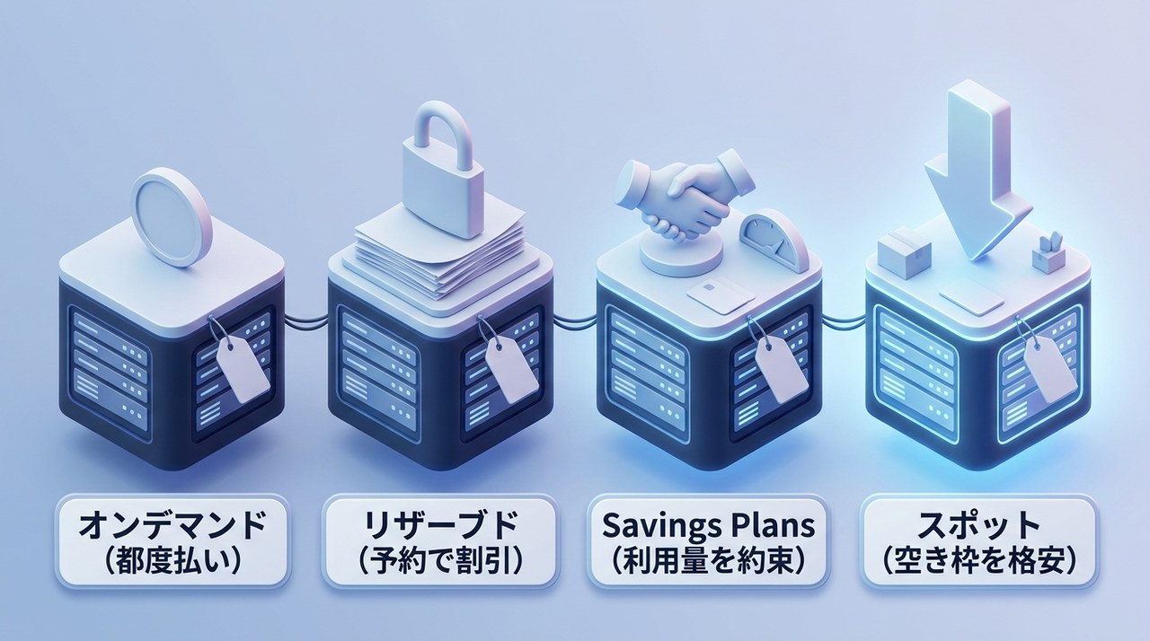AWSコンピュートの4つの購入オプション:オンデマンド(都度払い)・リザーブド(予約で割引)・Savings Plans(利用量を約束)・スポット(空き枠を格安)を並べた図