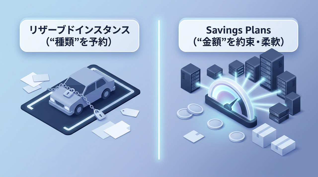 リザーブドインスタンスは特定のインスタンスの種類を予約するのに対し、Savings Plansは金額(利用量)を約束し多くのサービスに柔軟に適用されることを示す比較図