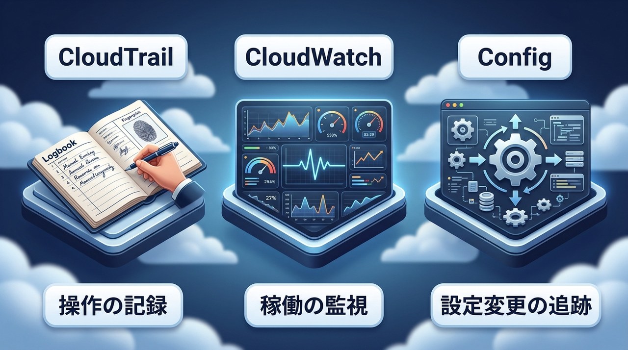 記録と監査の3サービス：CloudTrailは誰が何をしたかの操作記録、CloudWatchは稼働状況の監視、Configは設定変更の追跡を担当することを示す図
