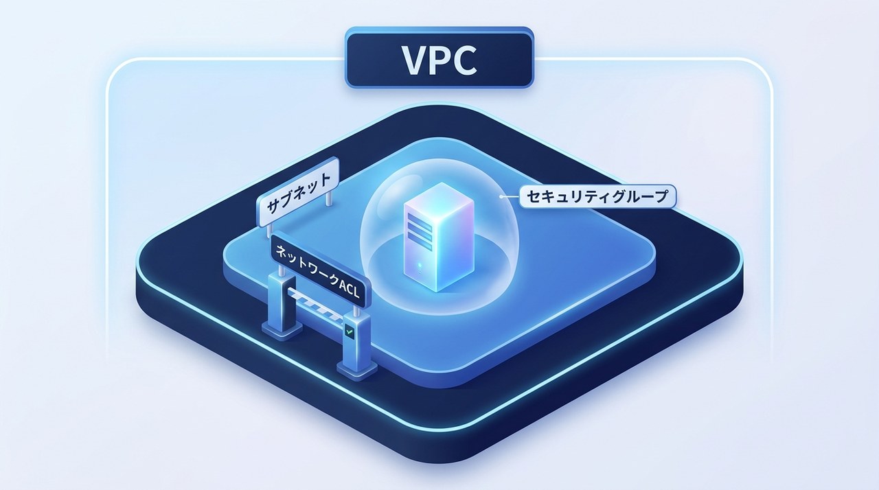 VPC・サブネットの中で、ネットワークACLはサブネットの境界を守る門番、セキュリティグループはインスタンスを直接包む門番であることを示す図