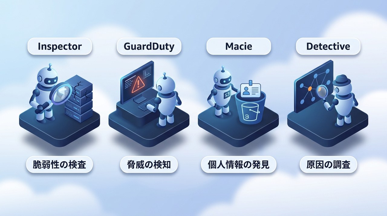 4つの検知サービスの役割：Inspectorは脆弱性の検査、GuardDutyは脅威の検知、Macieは個人情報の発見、Detectiveは原因の調査を担当することを示す図