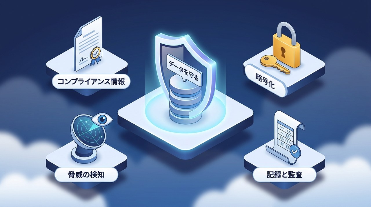 AWSセキュリティの4本柱：コンプライアンス情報(Artifact)・暗号化・脅威の検知・記録と監査でデータを守ることを示す図