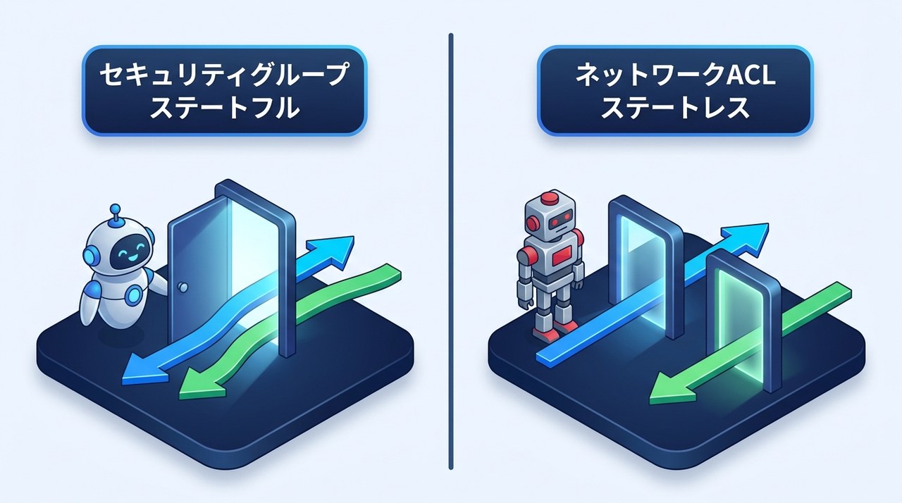 ステートフルのセキュリティグループは行きと戻りが同じ一つのドアを通る。ステートレスのネットワークACLは行きと戻りで別々のゲートを通ることを示す図