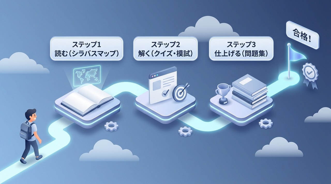 CLF-C02独学の3ステップ・ロードマップ：シラバスマップで読む→クイズと無料模試で解く→問題集で仕上げる流れを示す図
