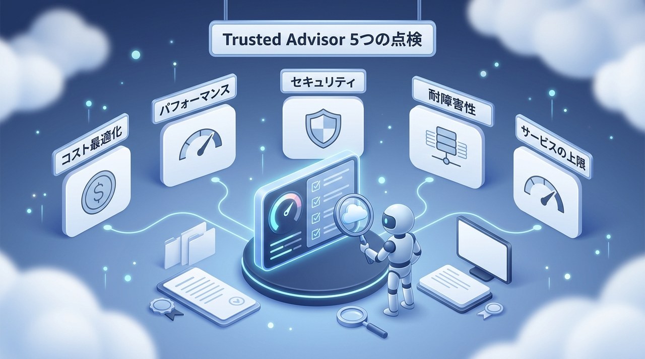 Trusted Advisorが5つの観点(コスト最適化・パフォーマンス・セキュリティ・耐障害性・サービスの上限)でアカウントを点検するイメージ図