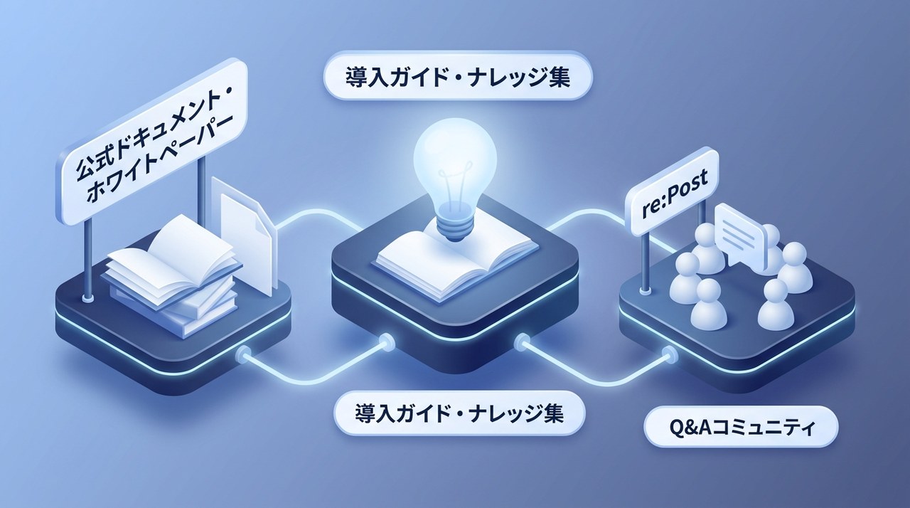 AWSの技術リソース：公式ドキュメント・ホワイトペーパー、導入ガイドやナレッジ集、re:PostのQ&Aコミュニティが連携するイメージ図
