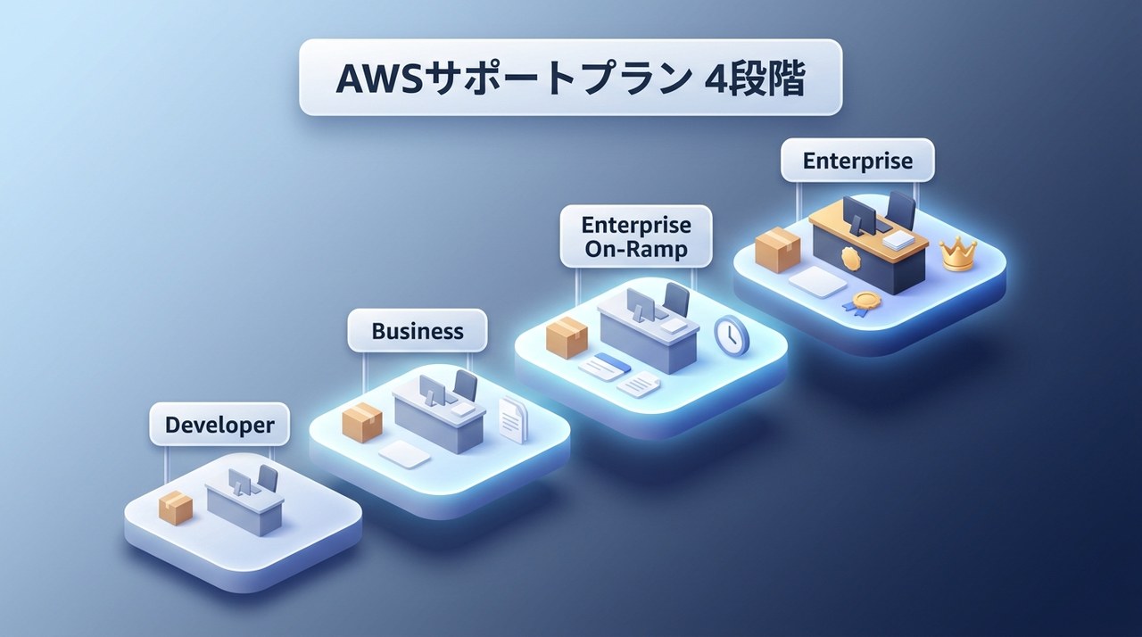 AWSサポートプランの4段階：Developer・Business・Enterprise On-Ramp・Enterpriseと上に行くほどサポートが手厚くなることを示す階段の図