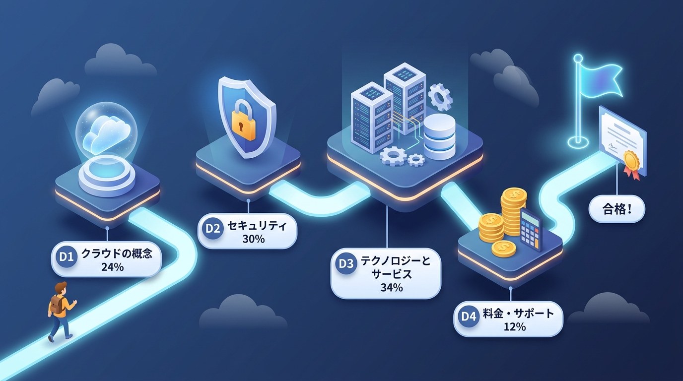 CLF-C02シラバスの学習ロードマップ：D1クラウドの概念24%、D2セキュリティ30%、D3テクノロジーとサービス34%、D4料金・サポート12%の4ドメインを順に進んで合格を目指す図