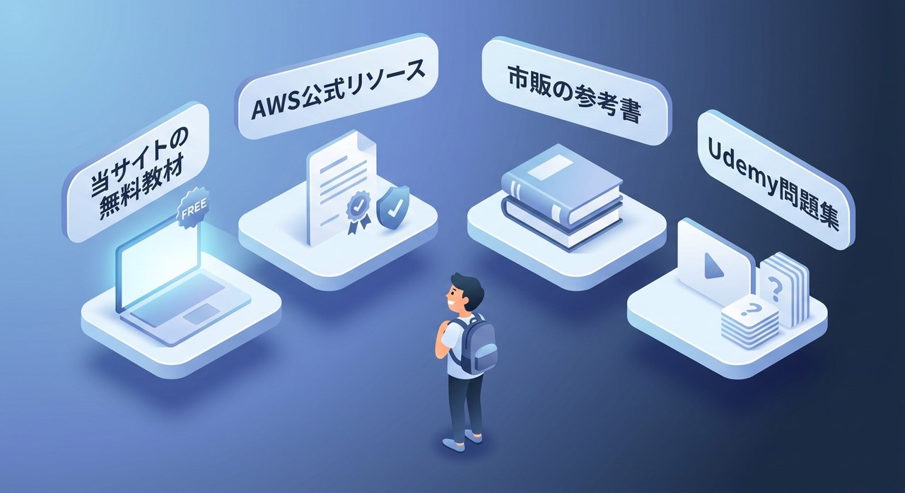 CLF-C02の教材4タイプ（当サイトの無料教材・AWS公式リソース・市販の参考書・Udemy問題集）を棚に並べて使い分けるイメージ図