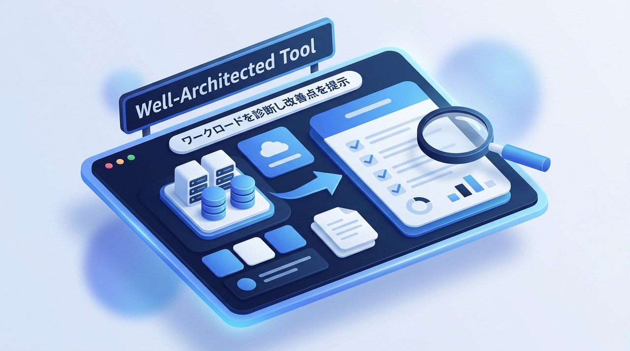 AWS Well-Architected Toolがワークロードを6本の柱の観点で診断し、改善点をチェックリストとして提示するイメージ図