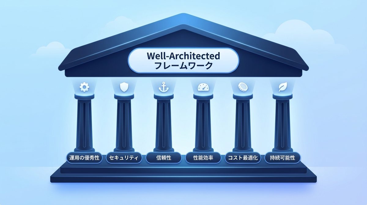 AWS Well-Architected Frameworkの6本の柱(運用上の優秀性・セキュリティ・信頼性・パフォーマンス効率・コスト最適化・持続可能性)が神殿の屋根を支えているイメージ図