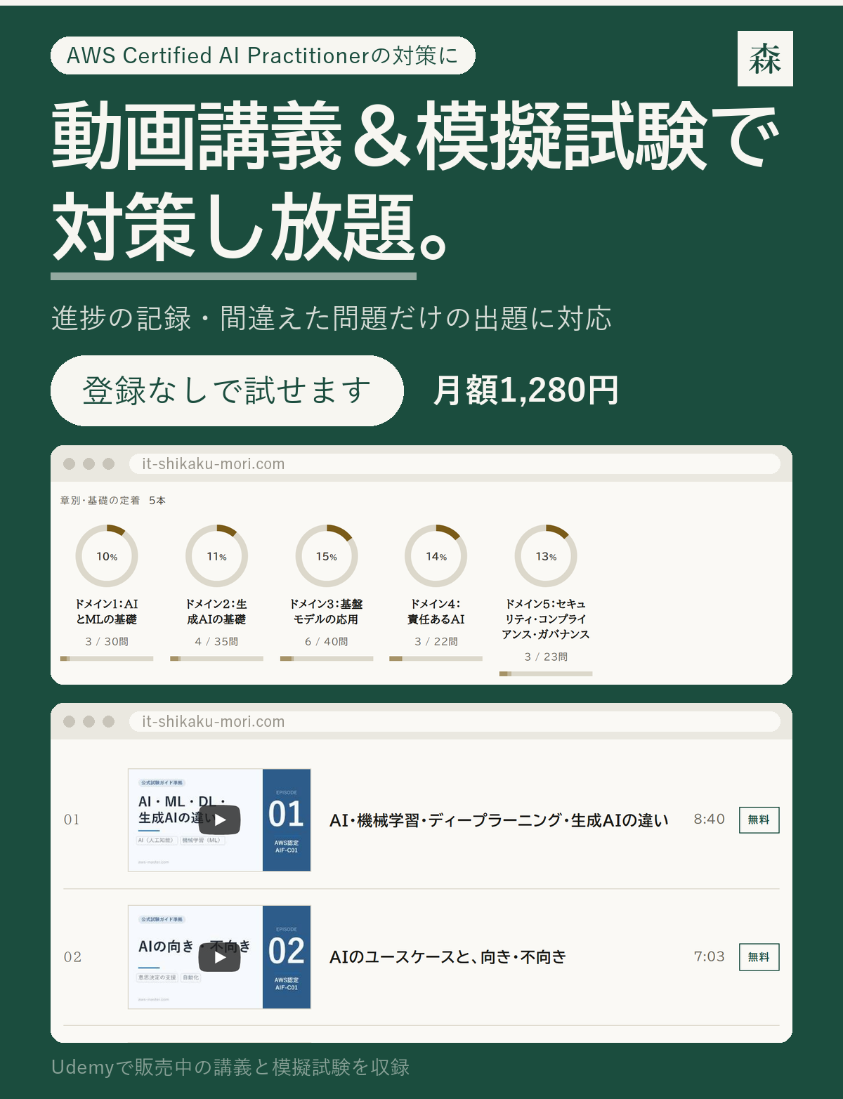 動画講義＆模擬試験で対策し放題｜IT資格の森（月額1,280円）